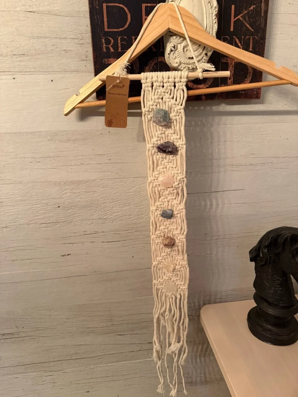 Henna Handmade Hanging Cream Macramé Tapestry with Chakra Stone Accents